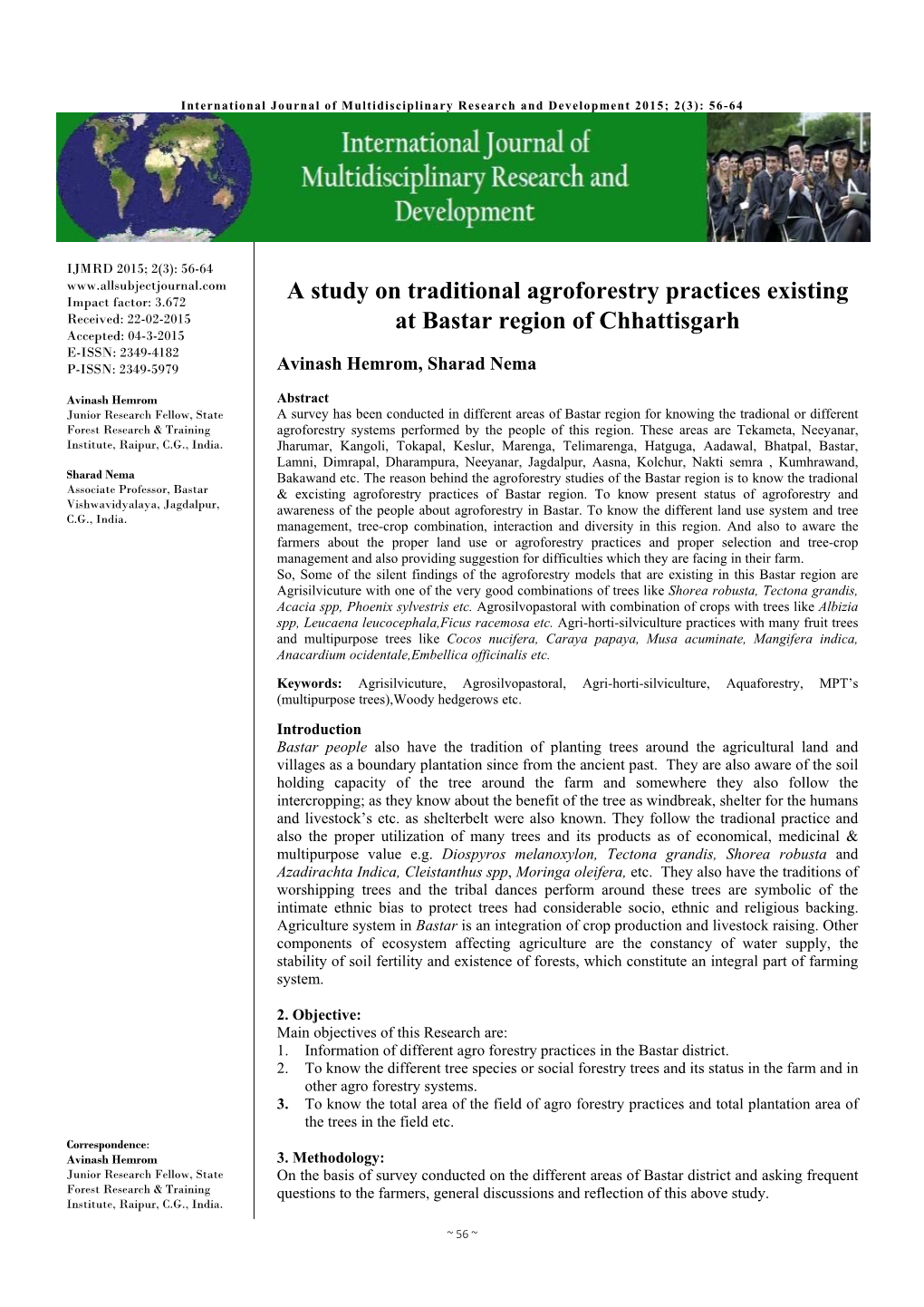 A Study on Traditional Agroforestry Practices Existing at Bastar Region of Chhattisgarh