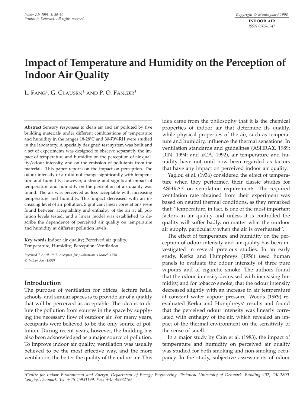Impact of Temperature and Humidity on the Perception of Indoor Air Quality