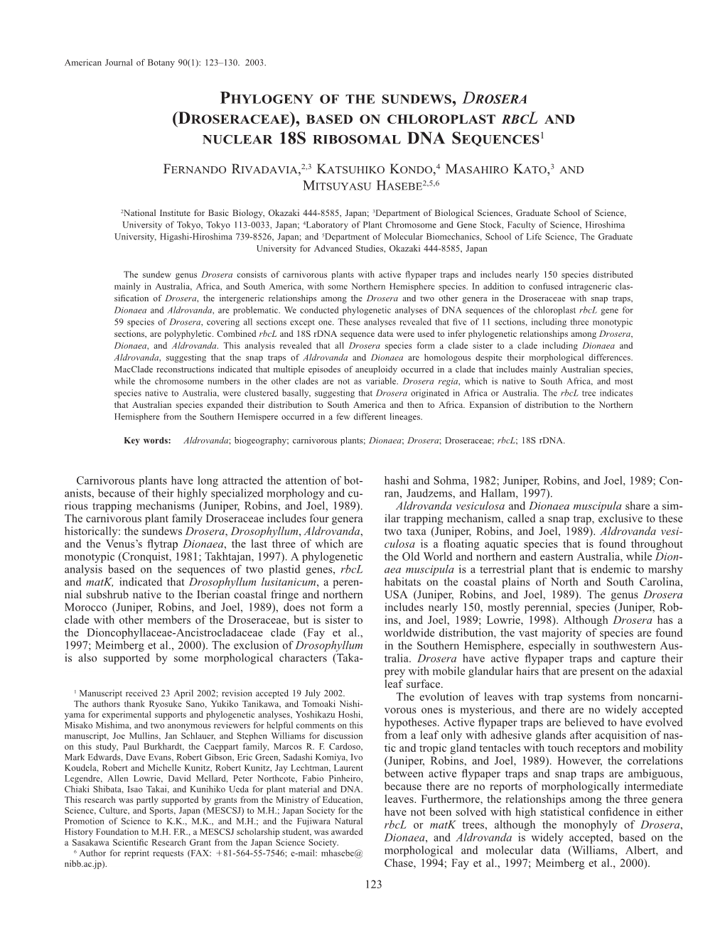 Phylogeny of the Sundews, <I>Drosera</I> (Droseraceae