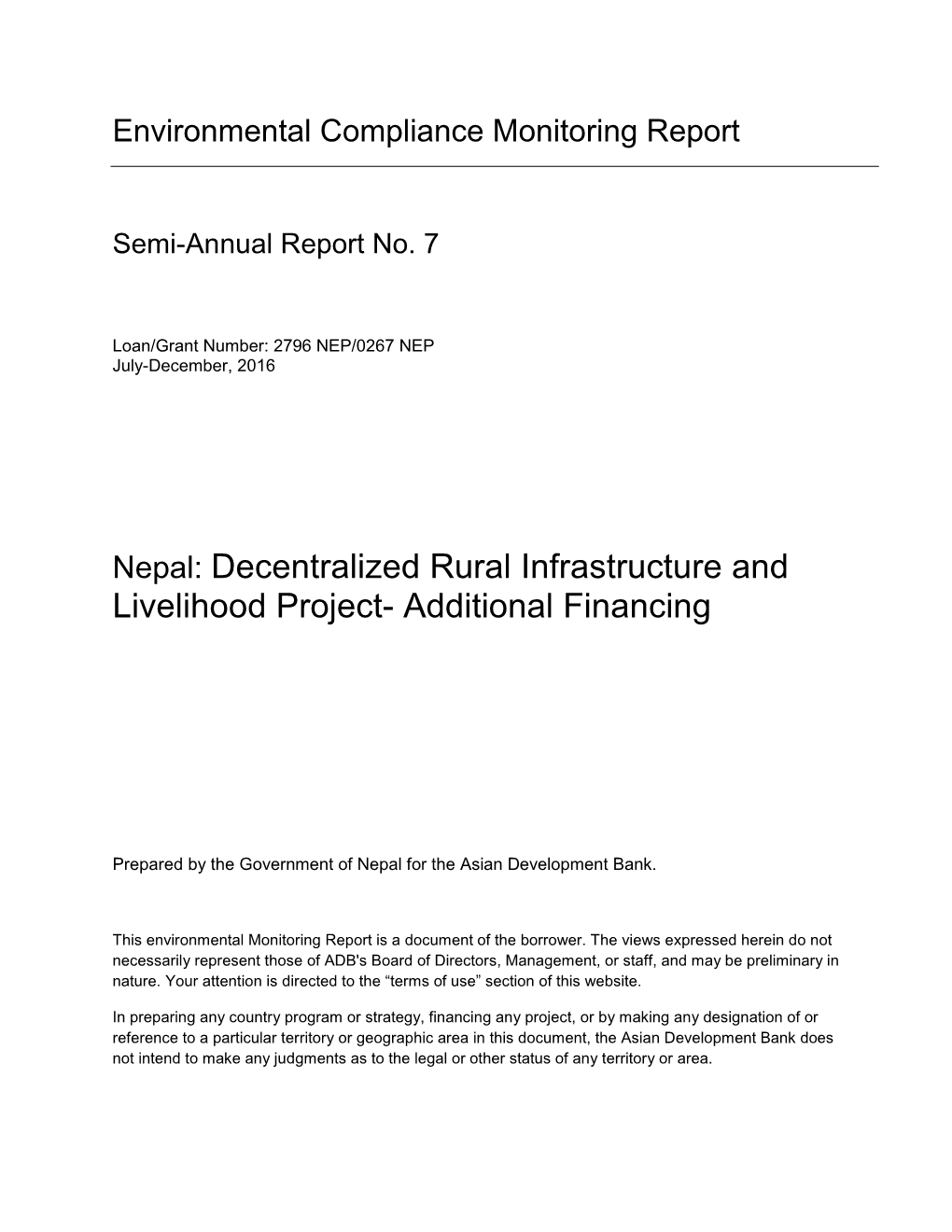 Environmental Monitoring Report Is a Document of the Borrower