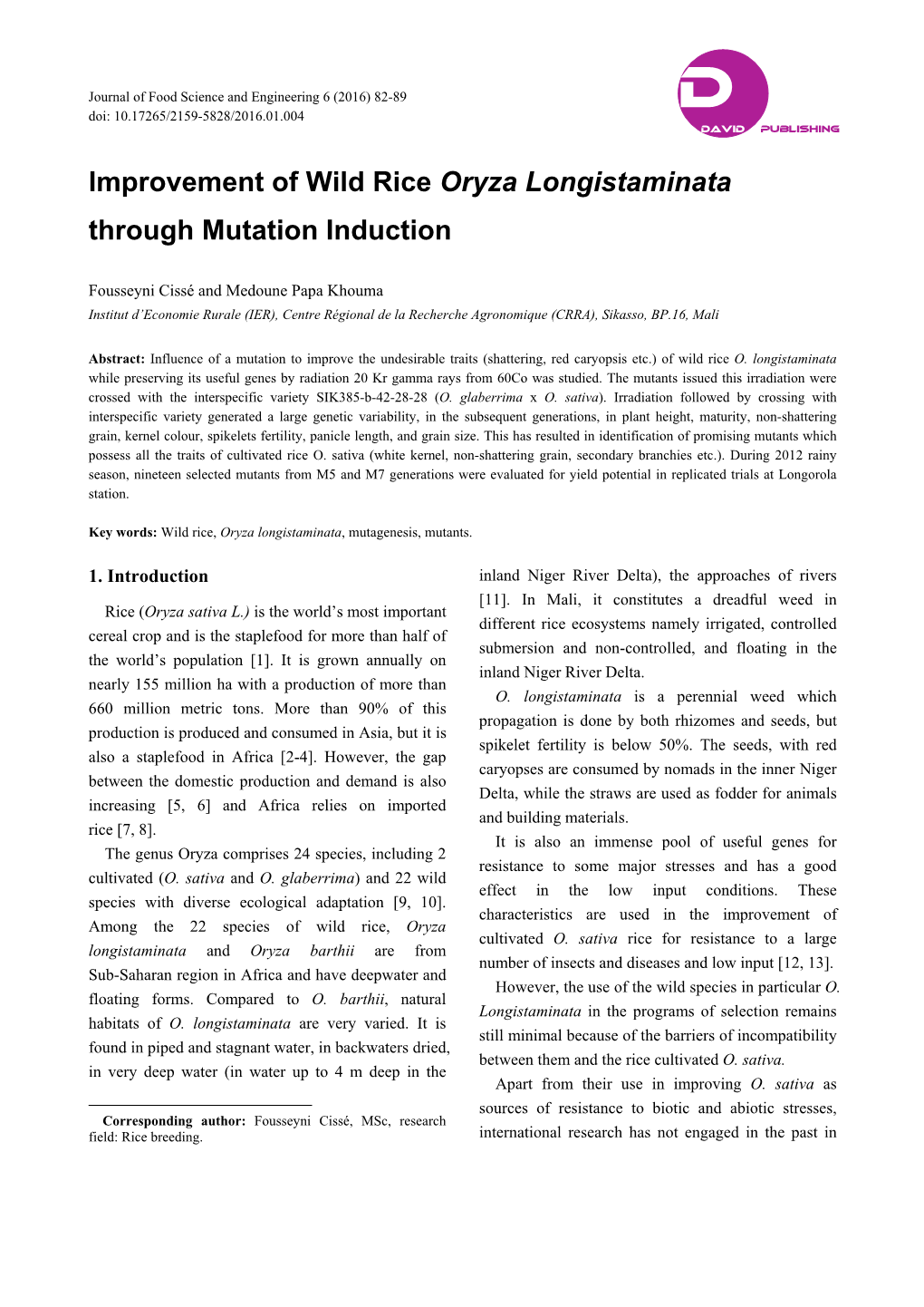 Improvement of Wild Rice Oryza Longistaminata Through Mutation Induction