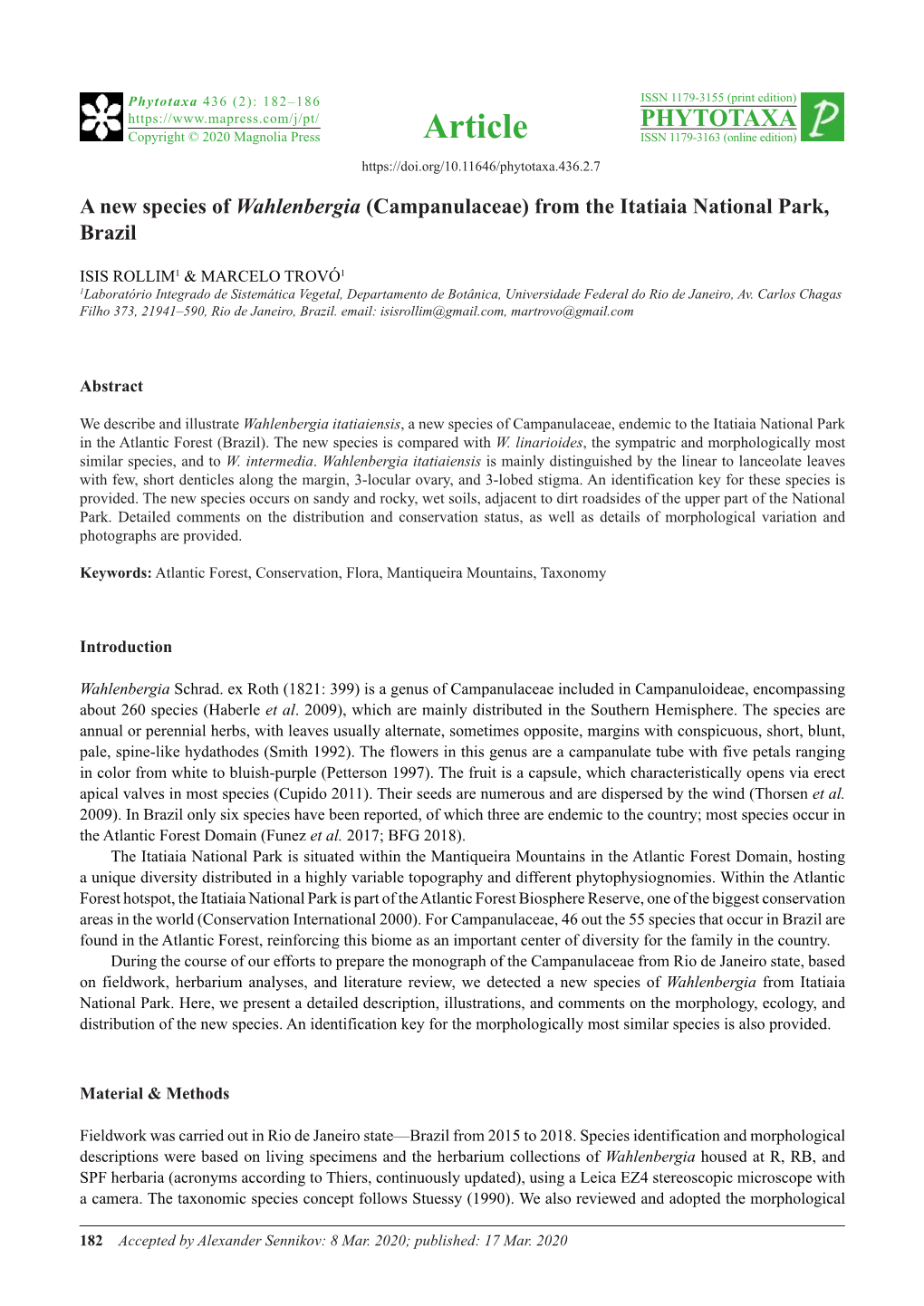 A New Species of Wahlenbergia (Campanulaceae) from the Itatiaia National Park, Brazil