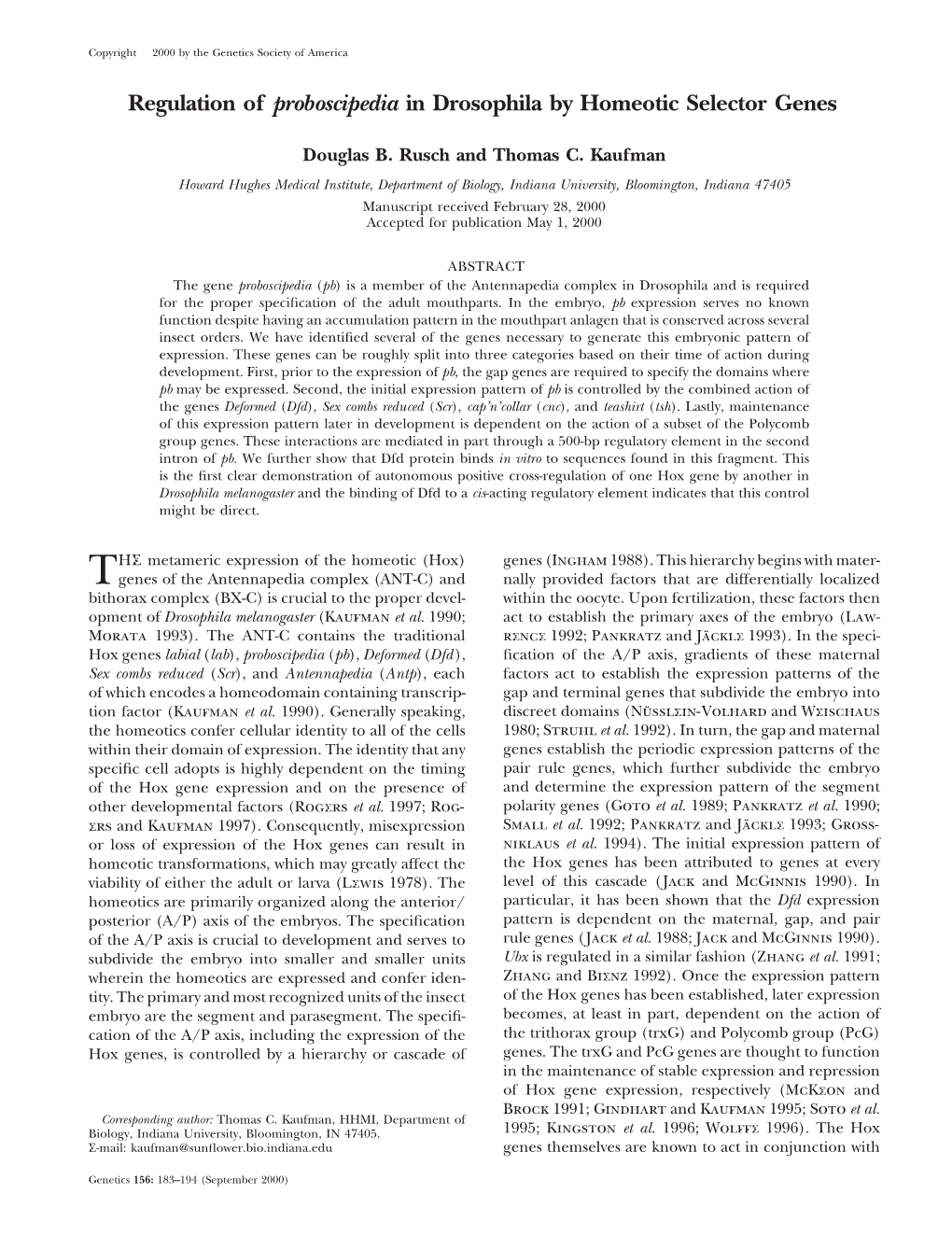 Regulation of Proboscipedia in Drosophila by Homeotic Selector Genes