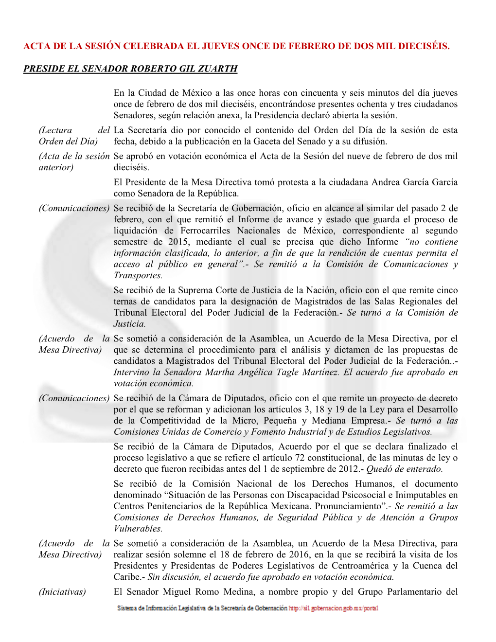 Acta De La Sesión Celebrada El Jueves Once De Febrero De Dos Mil Dieciséis