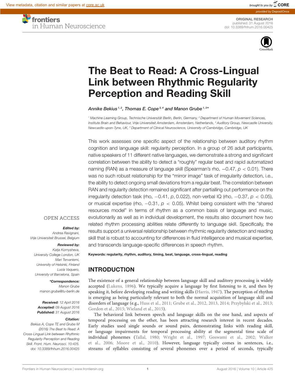 The Beat to Read: a Cross-Lingual Link Between Rhythmic Regularity Perception and Reading Skill