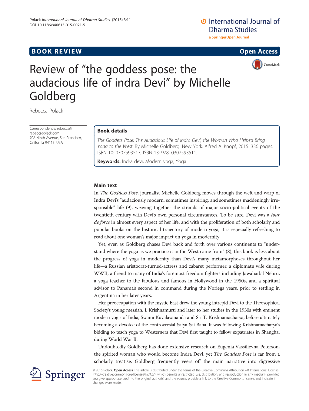 Review of “The Goddess Pose: the Audacious Life of Indra Devi” by Michelle Goldberg Rebecca Polack