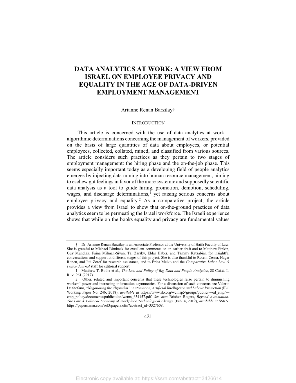 Data Analytics at Work: a View from Israel on Employee Privacy and Equality in the Age of Data-Driven Employment Management