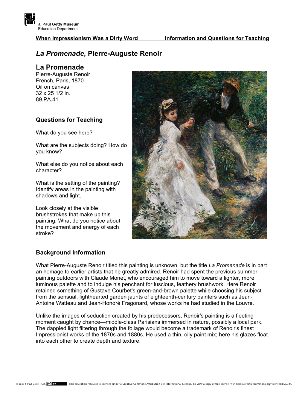 La Promenade, Pierre-Auguste Renoir La Promenade Pierre-Auguste Renoir French, Paris, 1870 Oil on Canvas 32 X 25 1/2 In