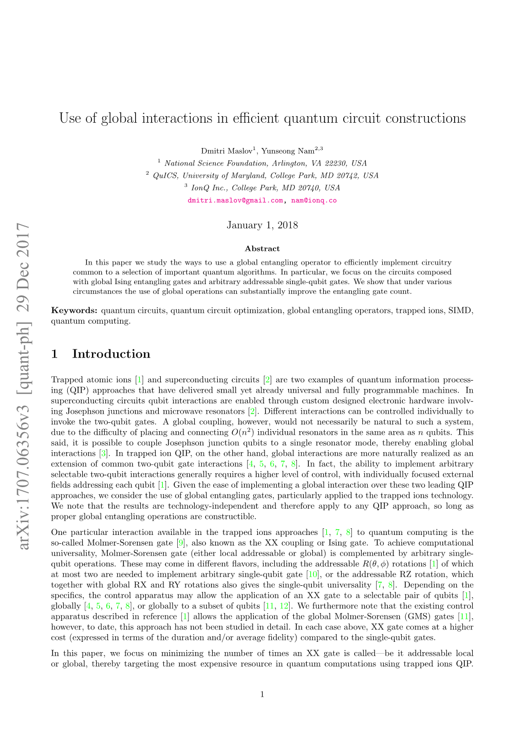 Use of Global Interactions in Efficient Quantum Circuit Constructions