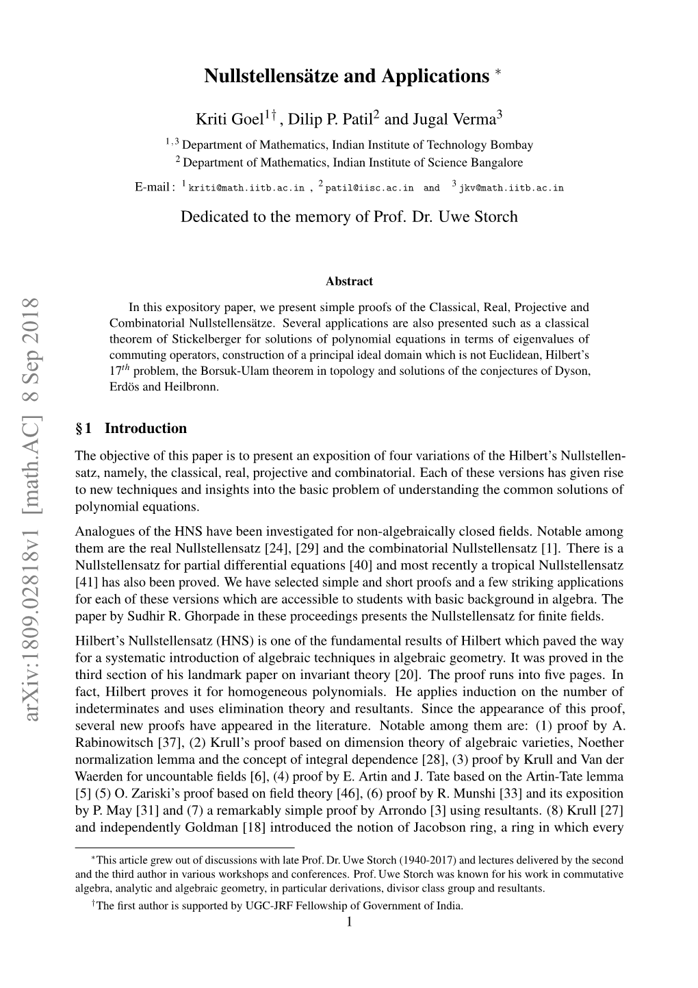 Arxiv:1809.02818V1 [Math.AC] 8 Sep 2018 Several New Proofs Have Appeared in the Literature