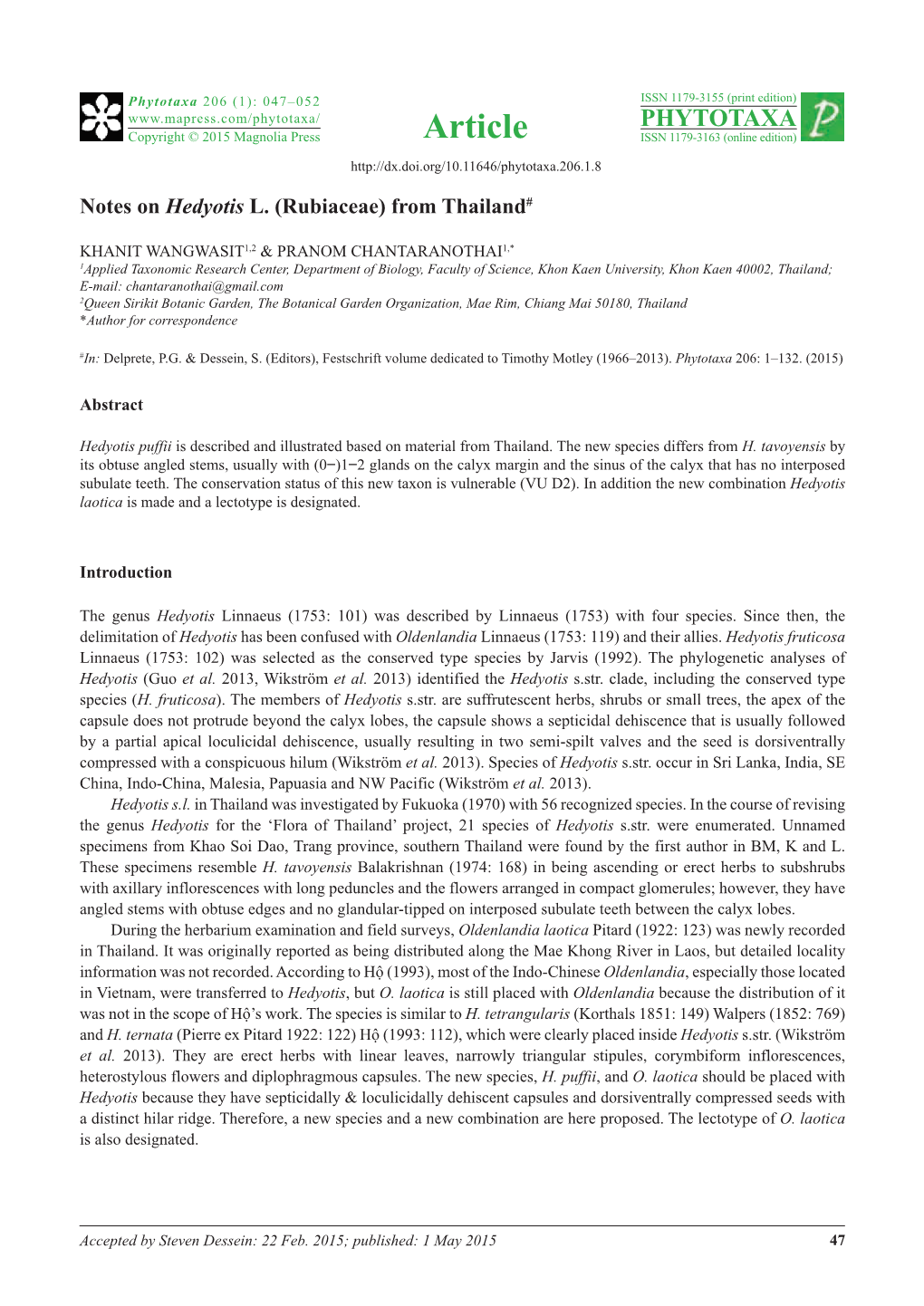 Notes on Hedyotis L. (Rubiaceae) from Thailand