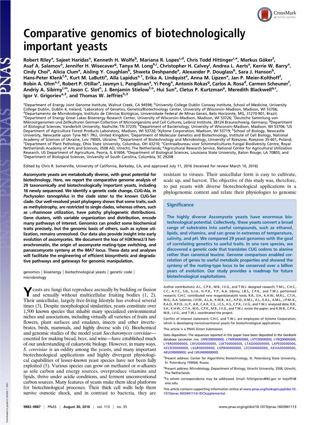 Comparative Genomics of Biotechnologically Important Yeasts