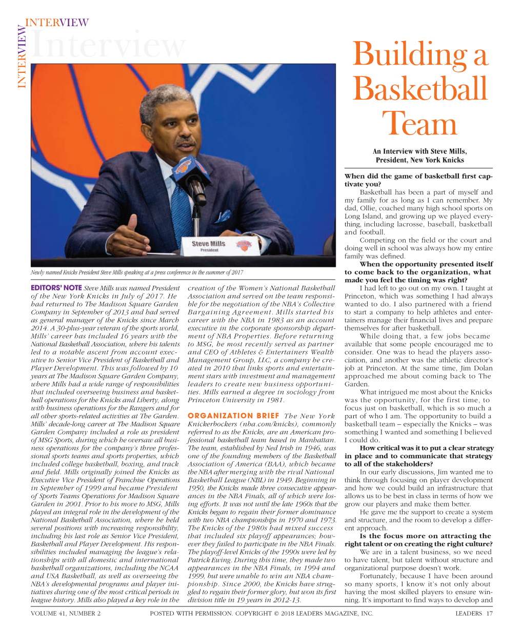 To Download a PDF of an Interview with Steve Mills, President, New York Knicks