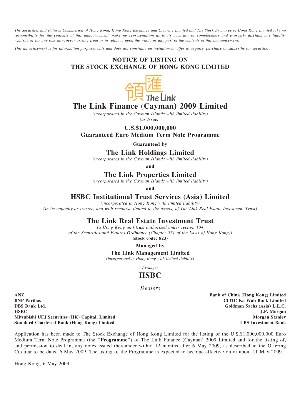 The Link Finance (Cayman) 2009 Limited HSBC