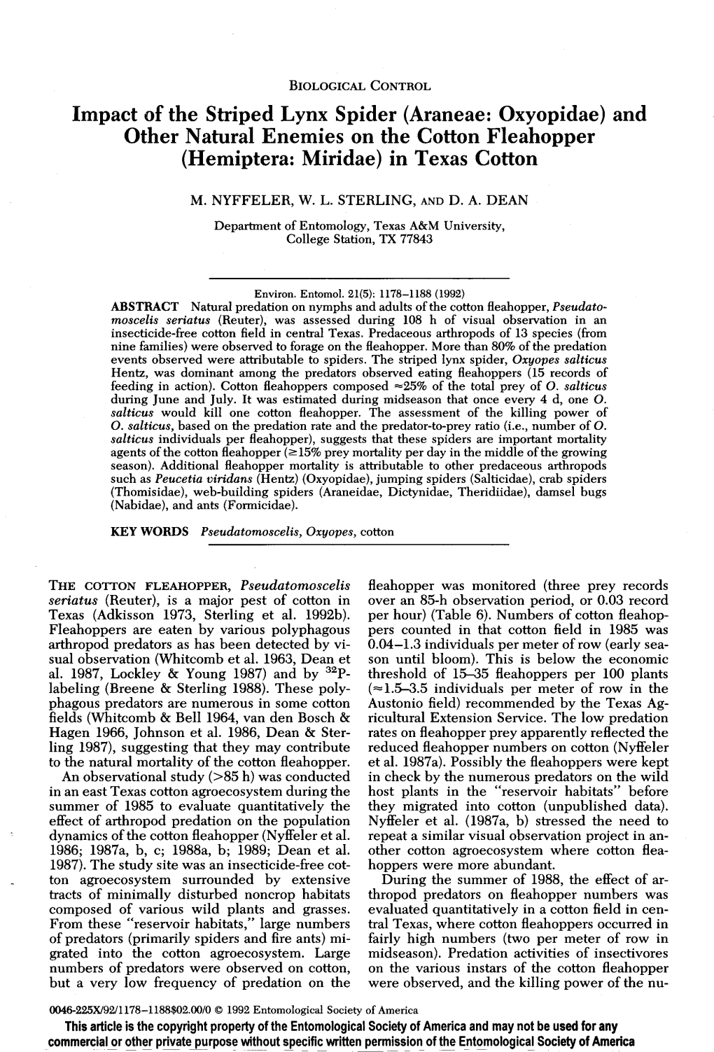 Impact of the Striped Lynx Spider (Araneae: Oxyopidae) and Other Natural Enemies on the Cotton Fleahopper (Hemiptera: Miridae) in Texas Cotton