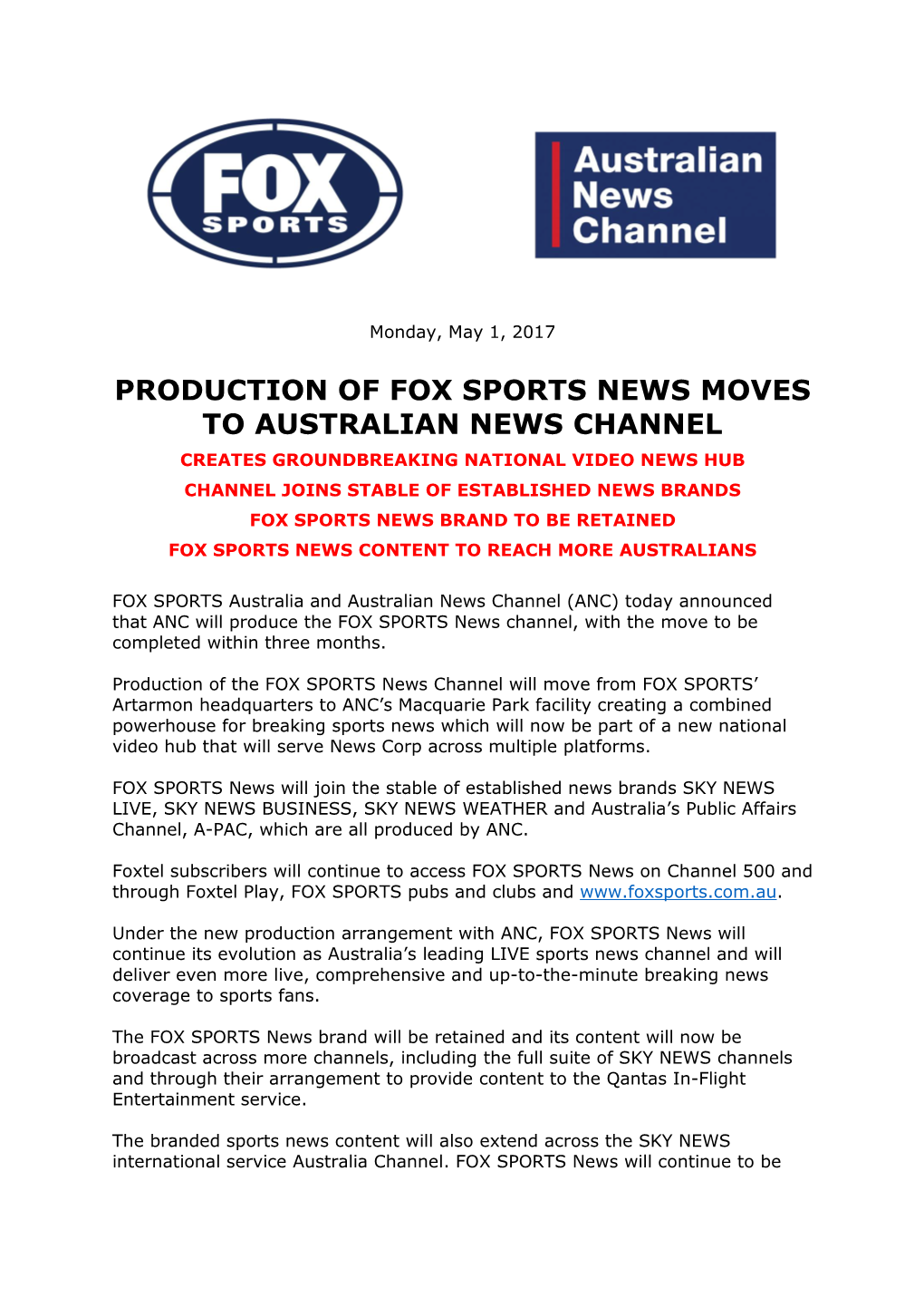 Production of Fox Sports News Moves to Australian