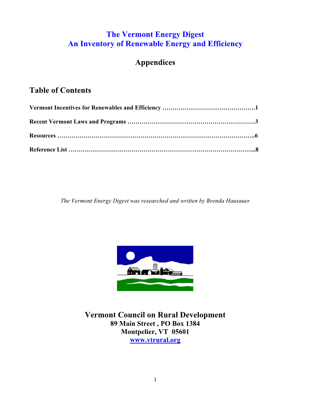 The Vermont Energy Digest an Inventory of Renewable Energy and Efficiency