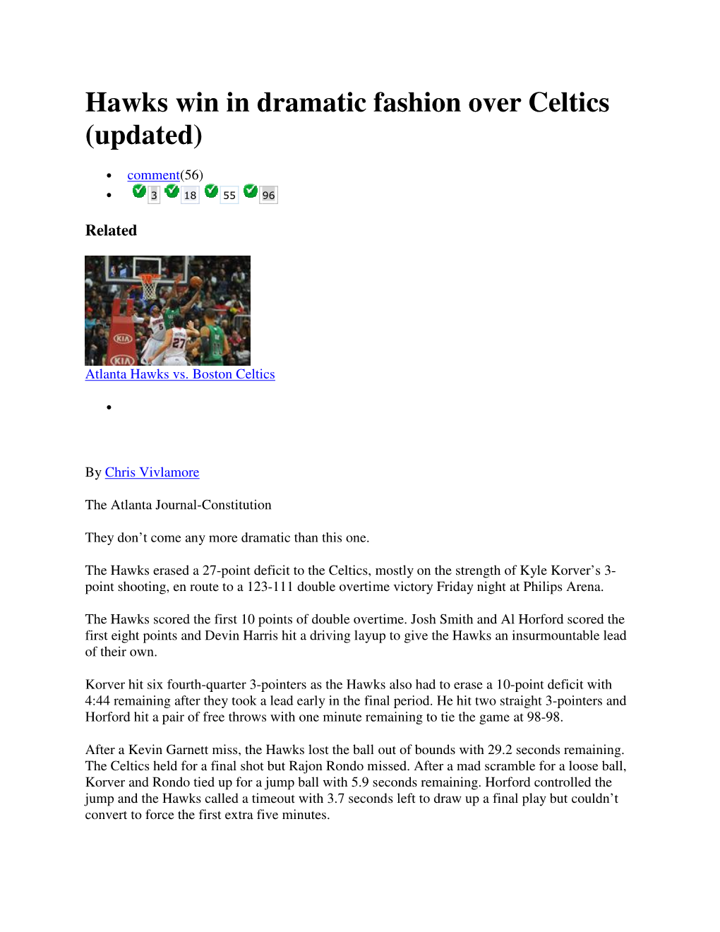 Hawks Win in Dramatic Fashion Over Celtics (Updated)
