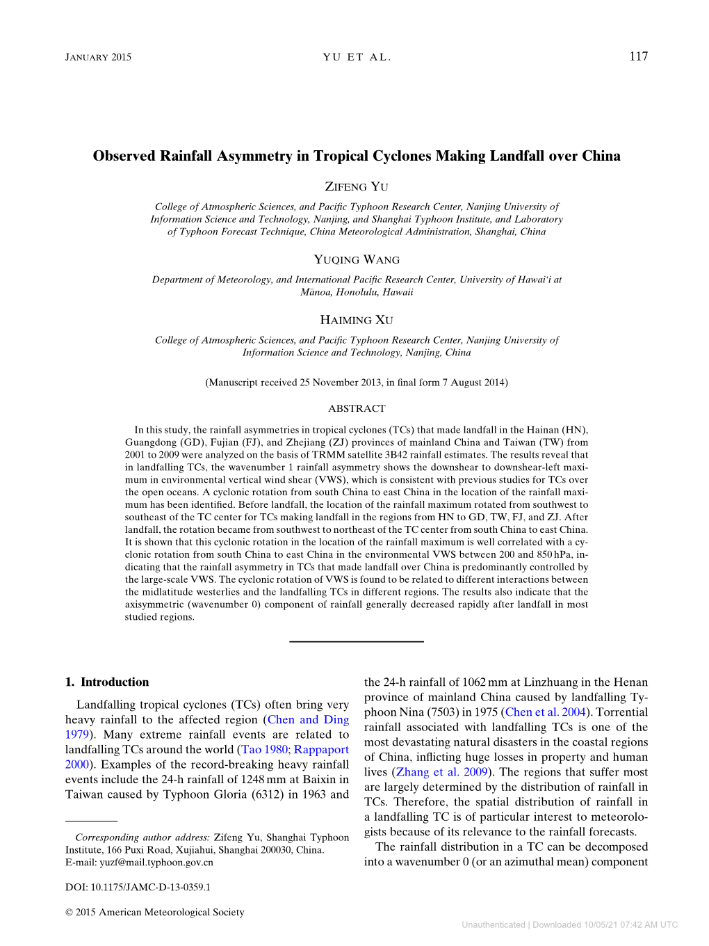 Observed Rainfall Asymmetry in Tropical Cyclones Making Landfall Over China