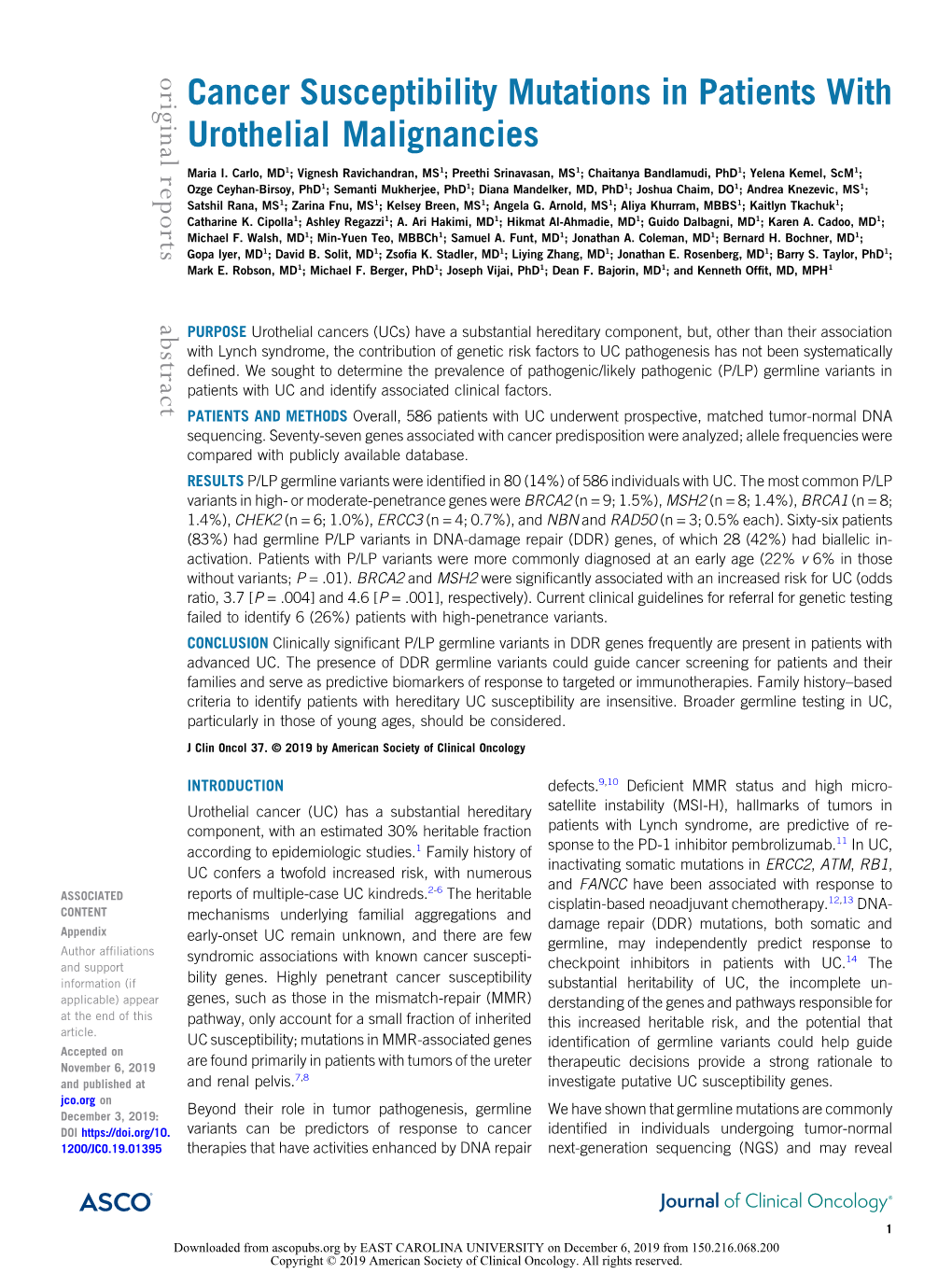 Cancer Susceptibility Mutations in Patients with Urothelial Malignancies the Following Represents Disclosure Information Provided by Authors of This Manuscript