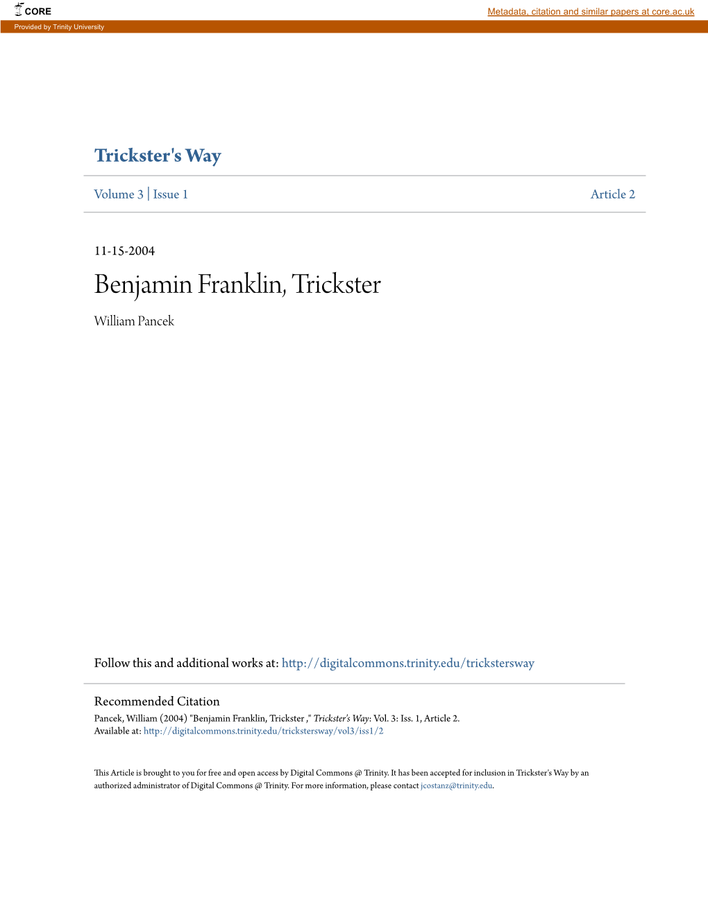 Benjamin Franklin, Trickster William Pancek