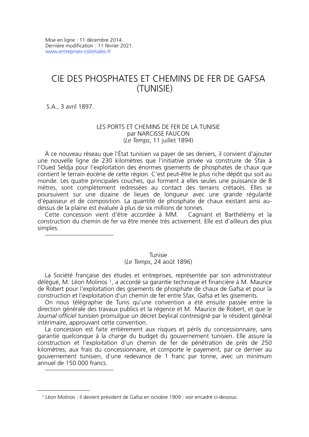 Cie Des Phosphates Et Chemins De Fer De Gafsa (Tunisie)