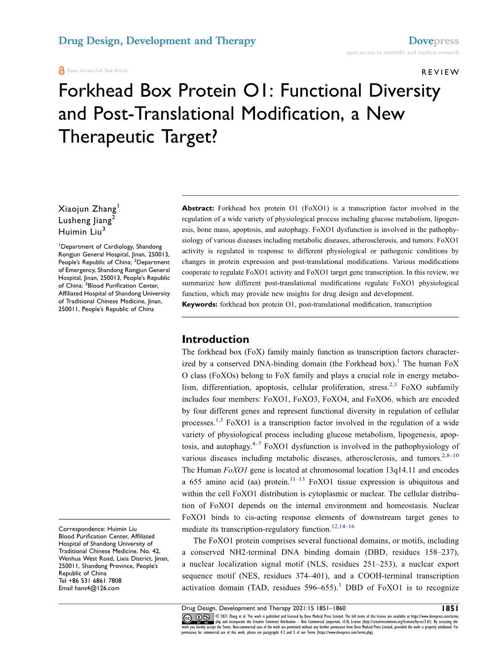 Forkhead Box Protein O1: Functional Diversity and Post-Translational Modification, a New Therapeutic Target?