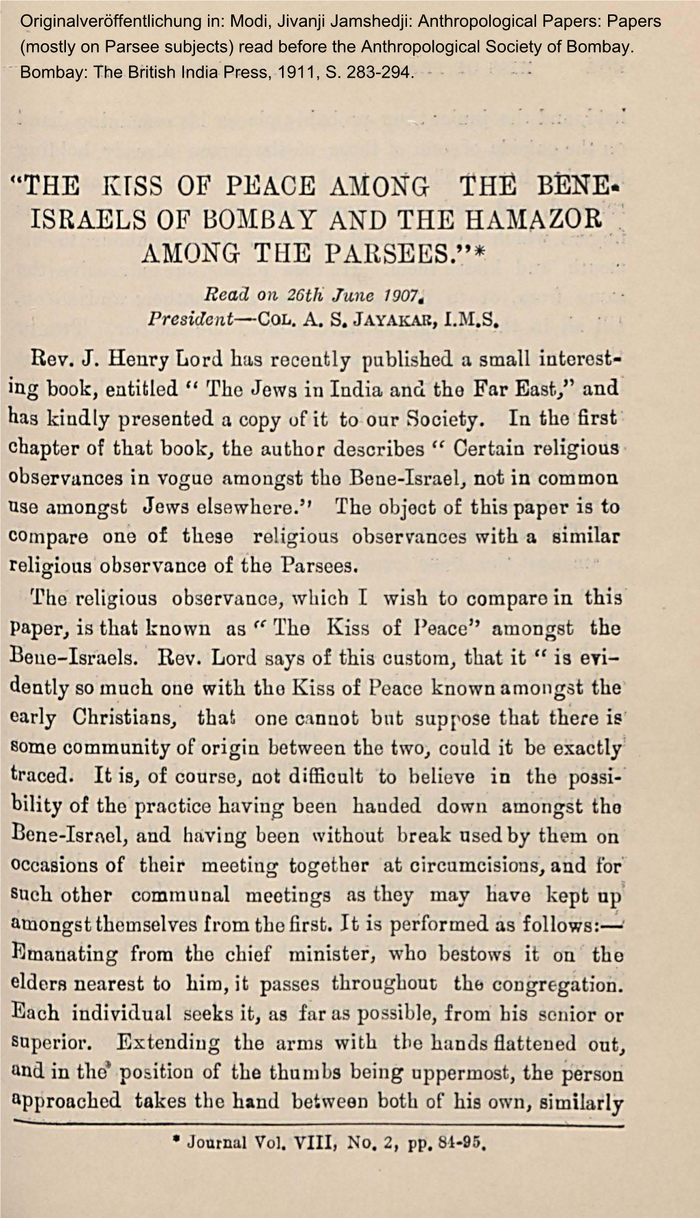 The Kiss of Peace Among the Bene. Israels of Bombay and the Hamazor 