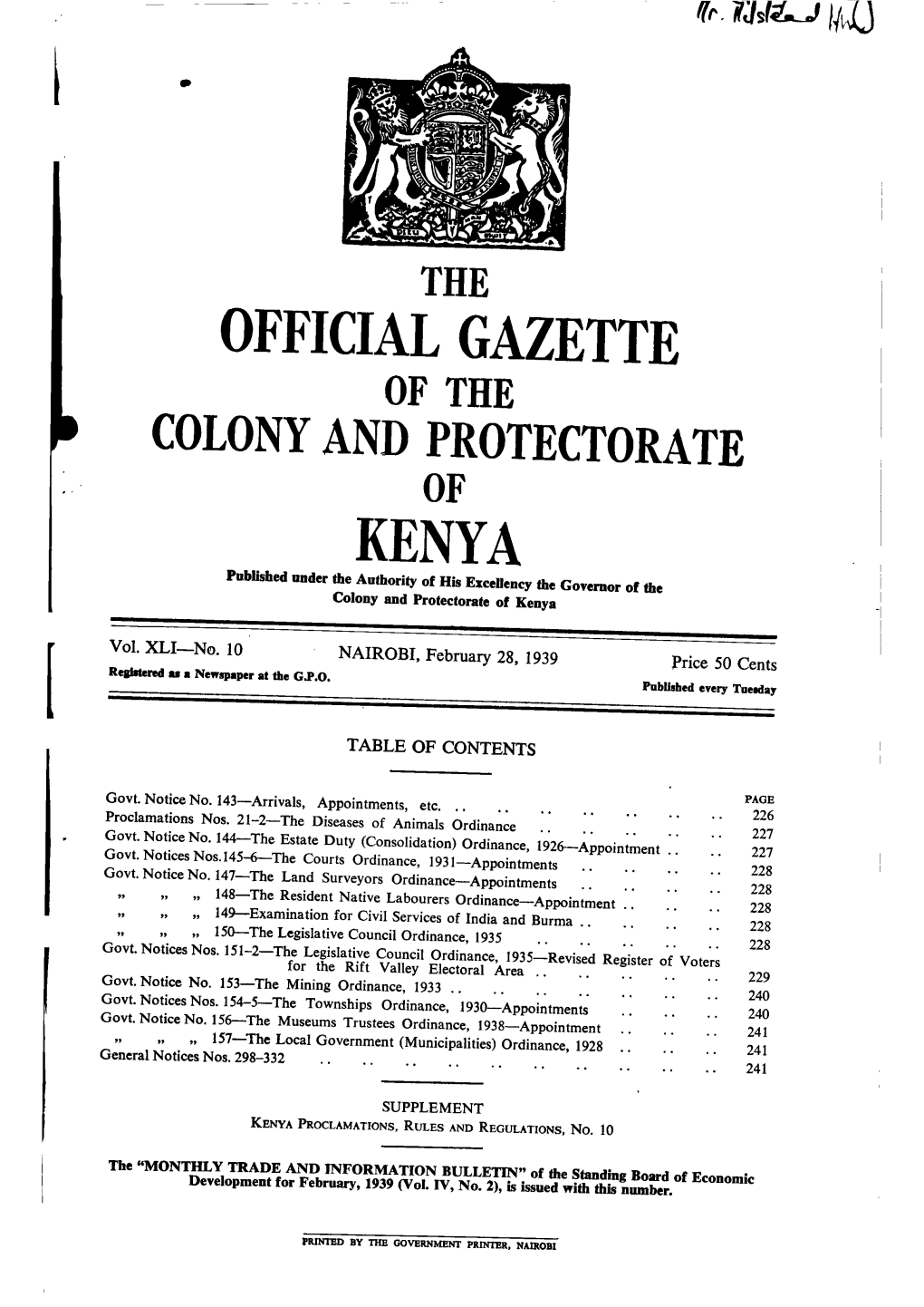 KEI[YA Publishe'd Under the Authority of His Exccrency the Govcmor of Thc Colony and Protectorate of Kenya