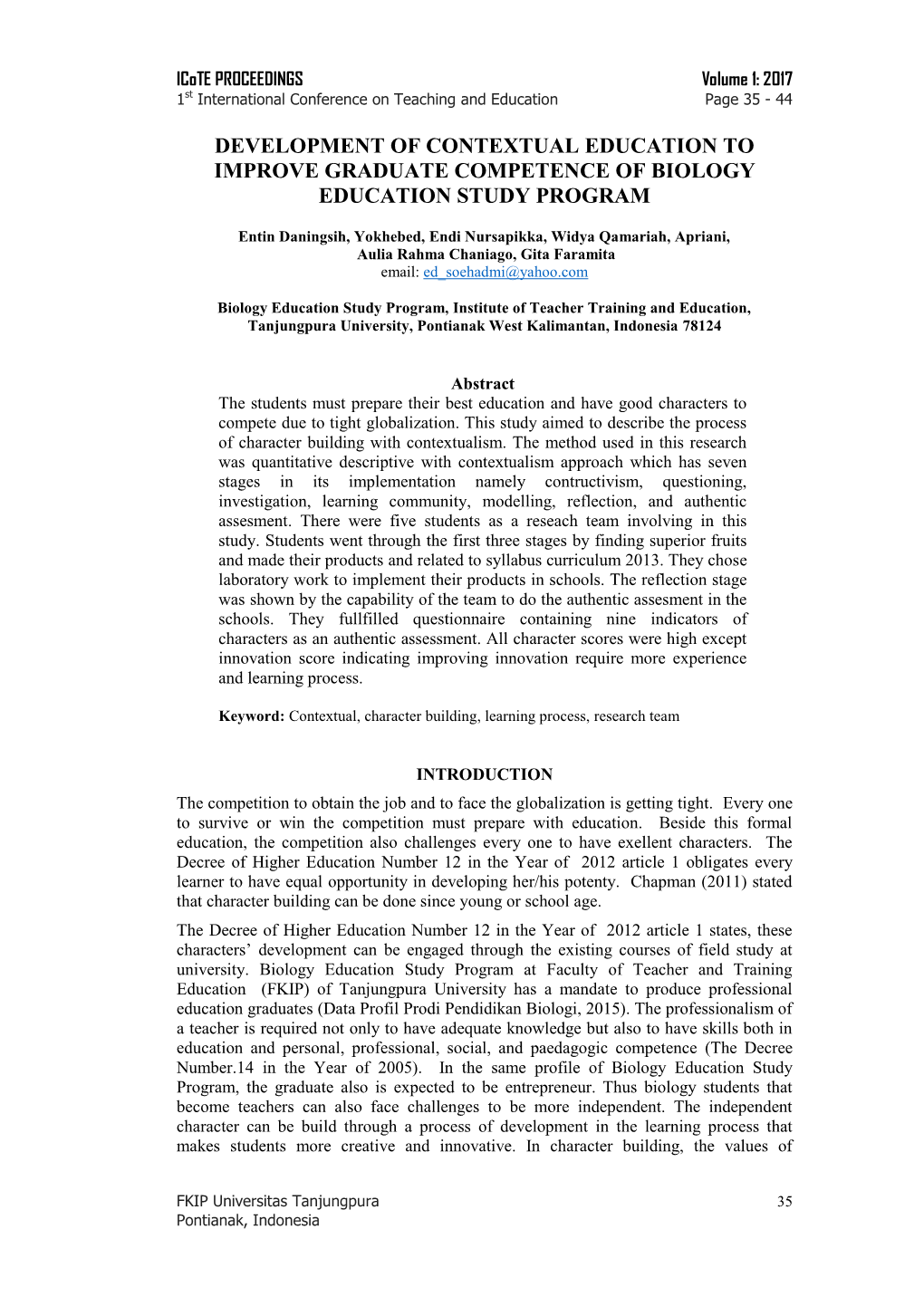 Development of Contextual Education to Improve Graduate Competence of Biology Education Study Program