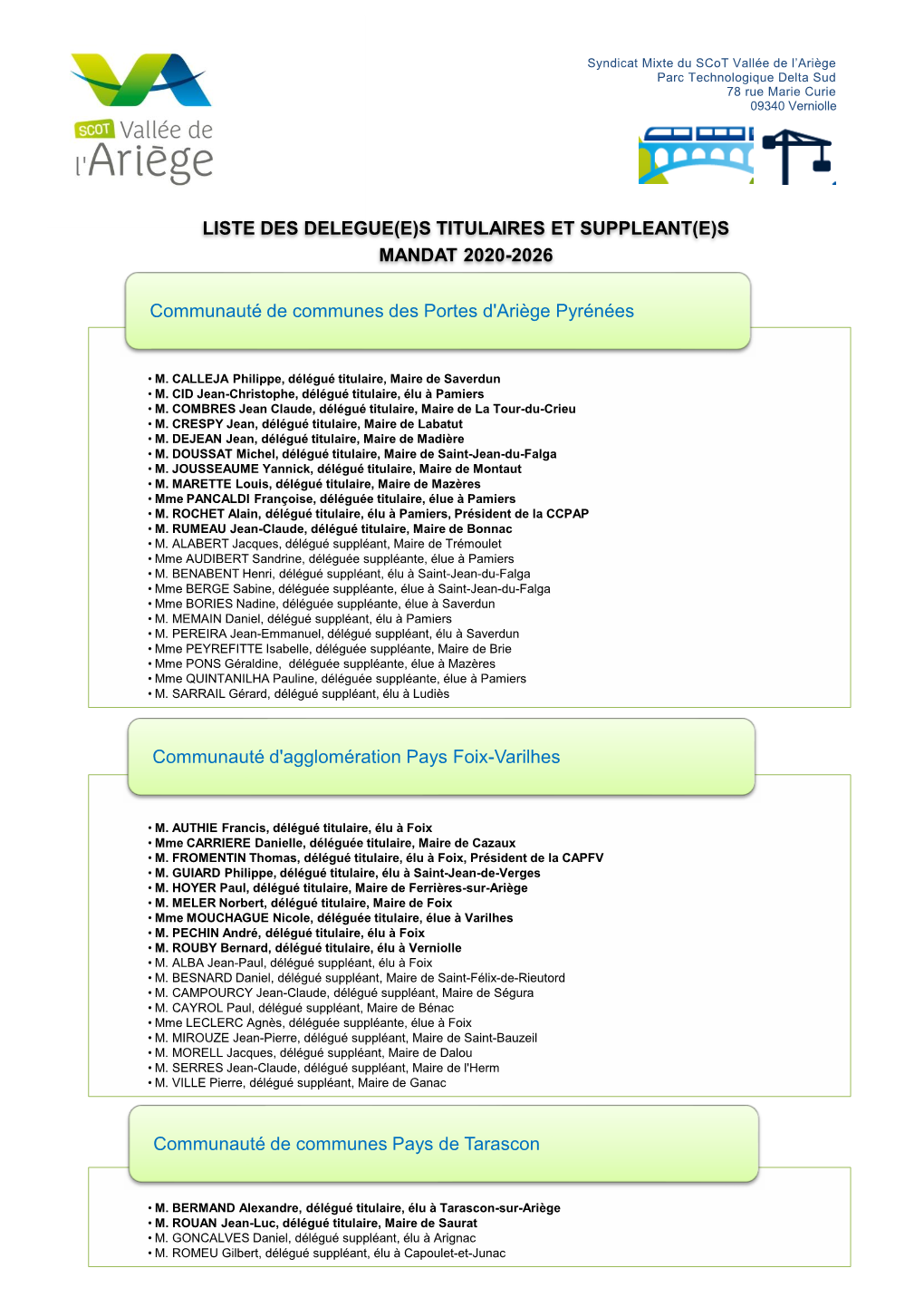 Liste Des Delegue(E)S Titulaires Et Suppleant(E)S Mandat 2020-2026