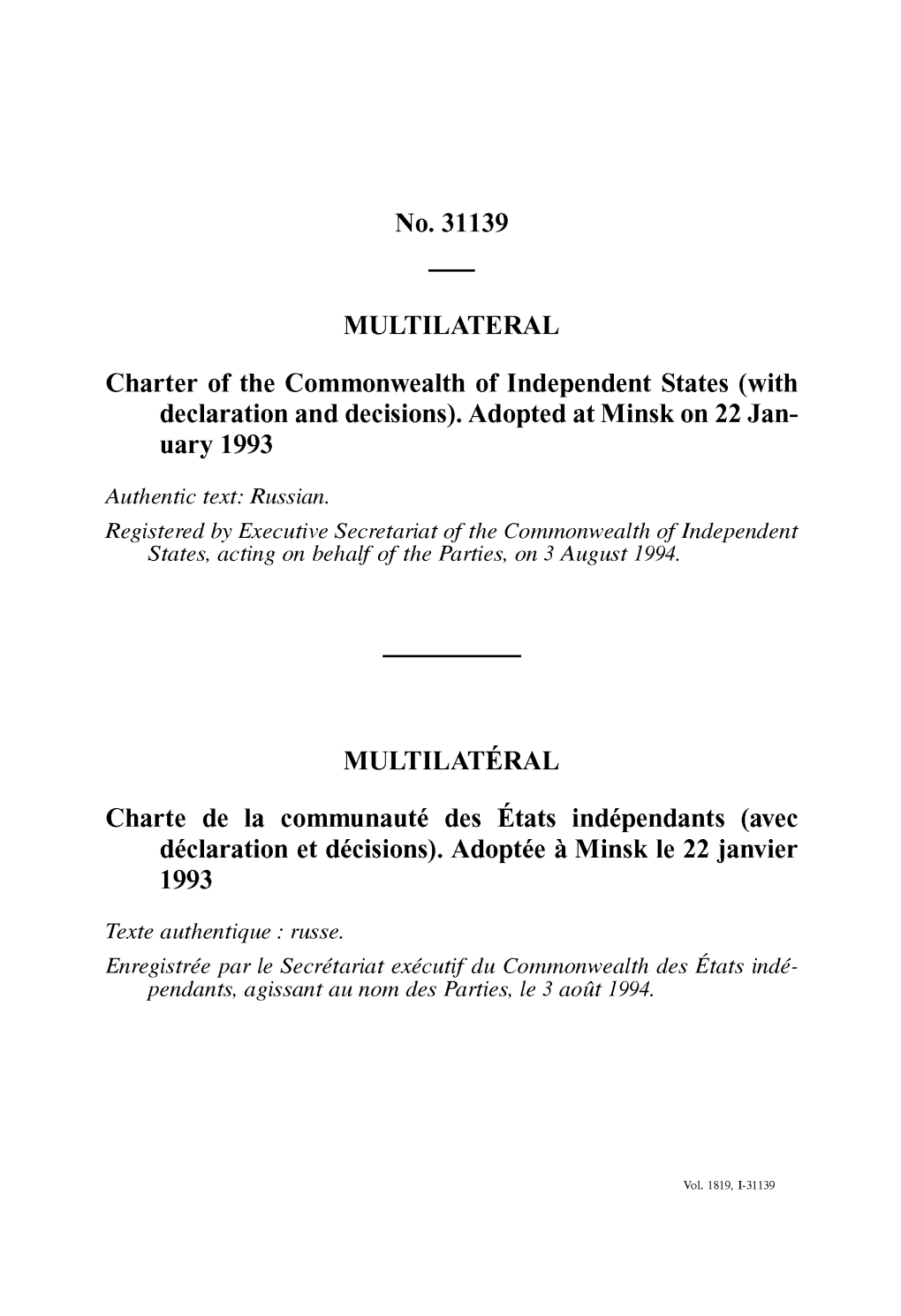 No. 31139 MULTILATERAL Charter of the Commonwealth of Independent