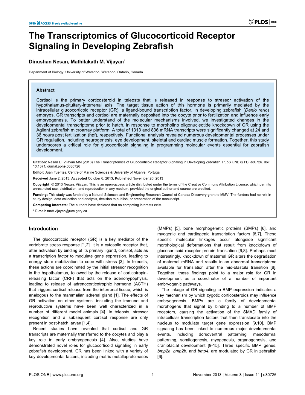 The Transcriptomics of Glucocorticoid Receptor Signaling in Developing Zebrafish