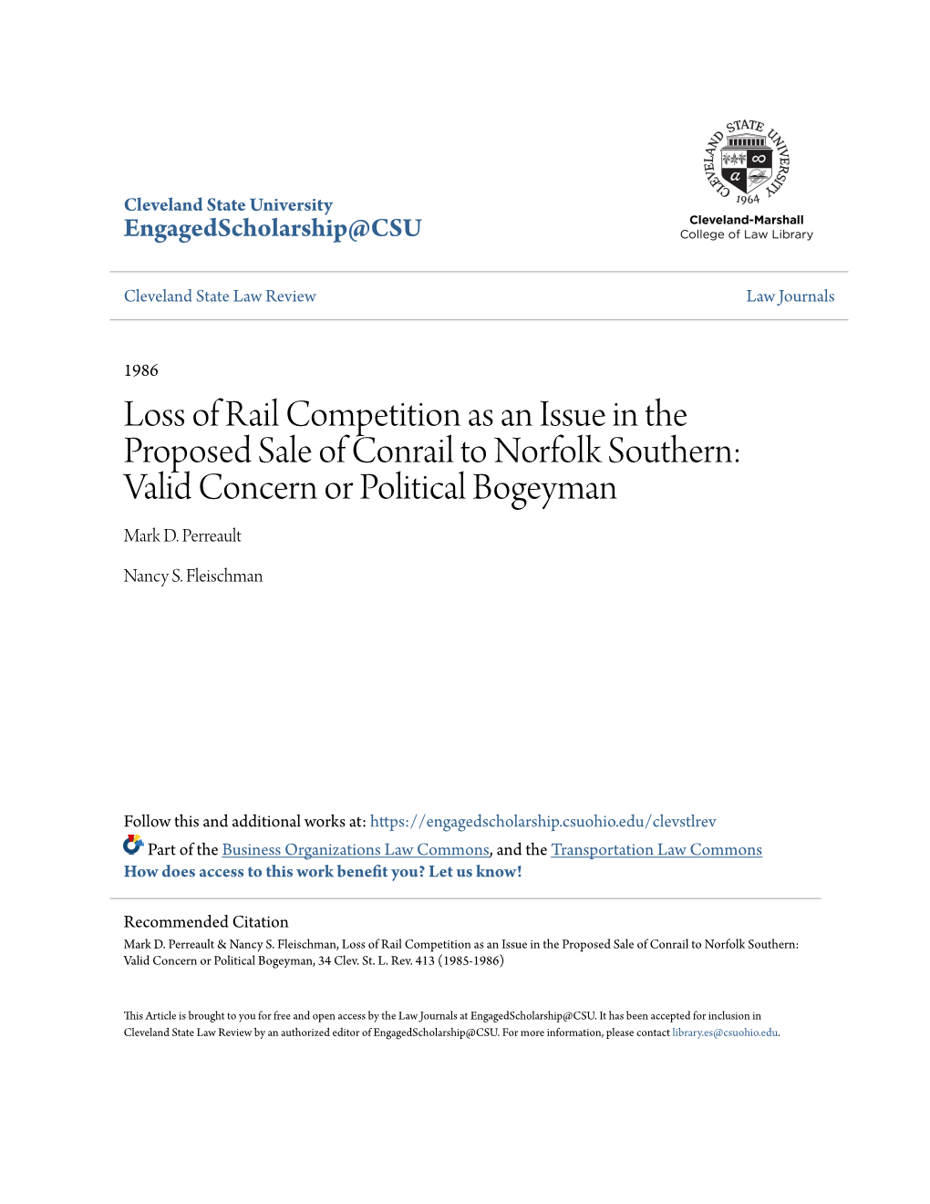 Loss of Rail Competition As an Issue in the Proposed Sale of Conrail to Norfolk Southern: Valid Concern Or Political Bogeyman Mark D