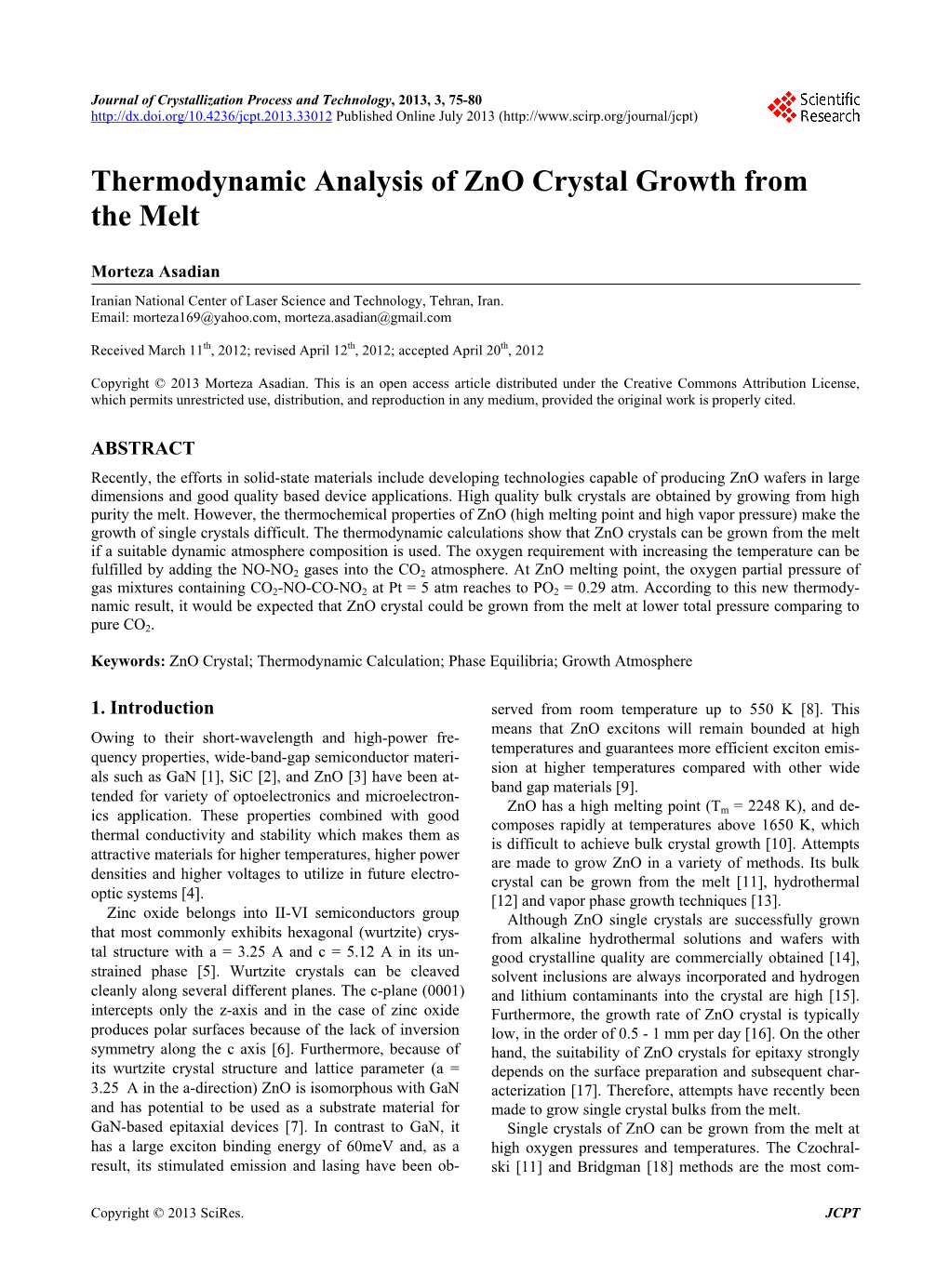 Thermodynamic Analysis of Zno Crystal Growth from the Melt