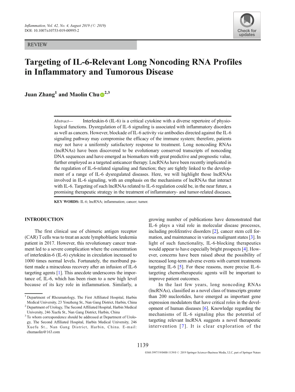 Targeting of IL-6-Relevant Long Noncoding RNA Profiles in Inflammatory and Tumorous Disease