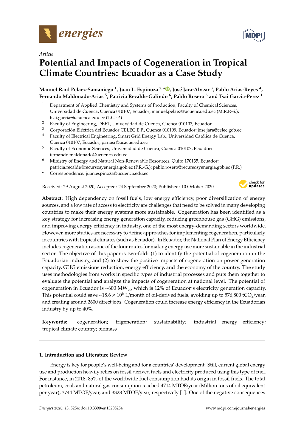 Potential and Impacts of Cogeneration in Tropical Climate Countries: Ecuador As a Case Study