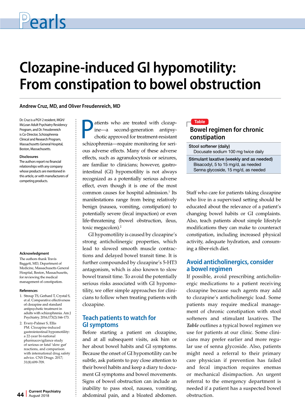 Clozapine-Induced GI Hypomotility: from Constipation to Bowel Obstruction