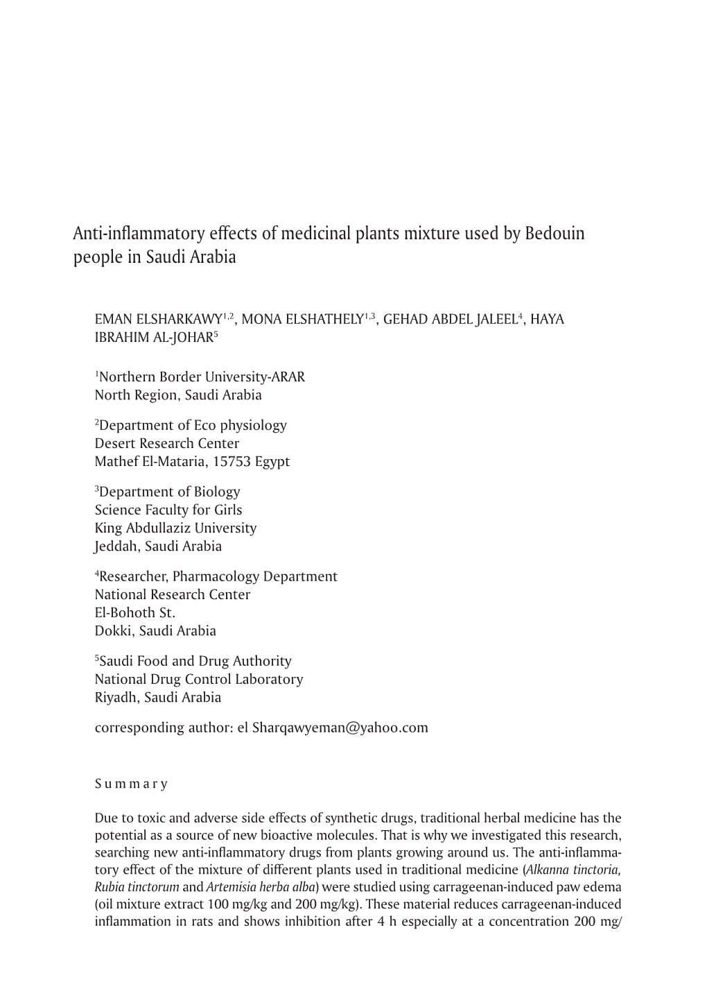 Anti-Inflammatory Effects of Medicinal Plants Mixture Used by Bedouin People in Saudi Arabia