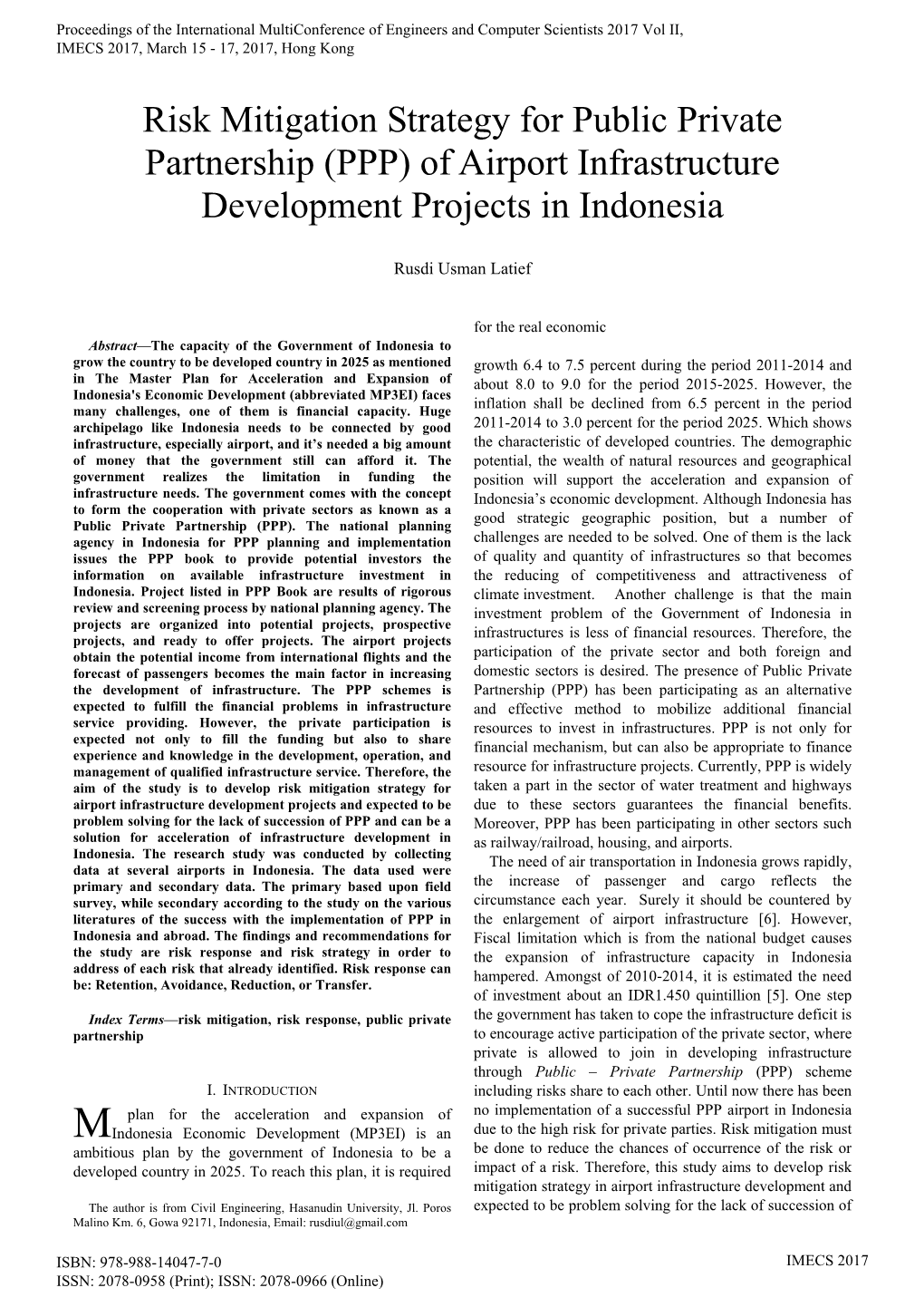 Risk Mitigation Strategy for Public Private Partnership (PPP) of Airport Infrastructure Development Projects in Indonesia