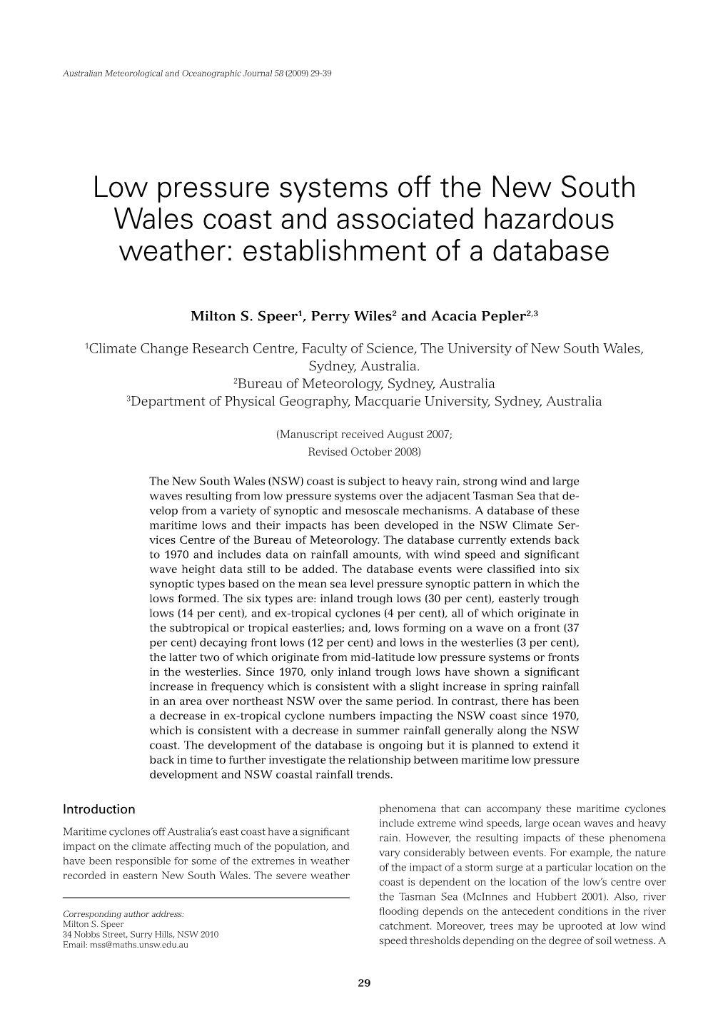 Low Pressure Systems Off the New South Wales Coast and Associated Hazardous Weather: Establishment of a Database