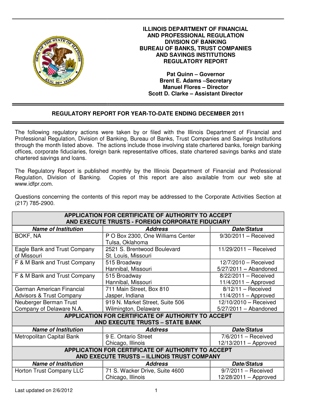 Illinois Department of Financial and Professional Regulation Division of Banking Bureau of Banks, Trust Companies and Savings Institutions Regulatory Report