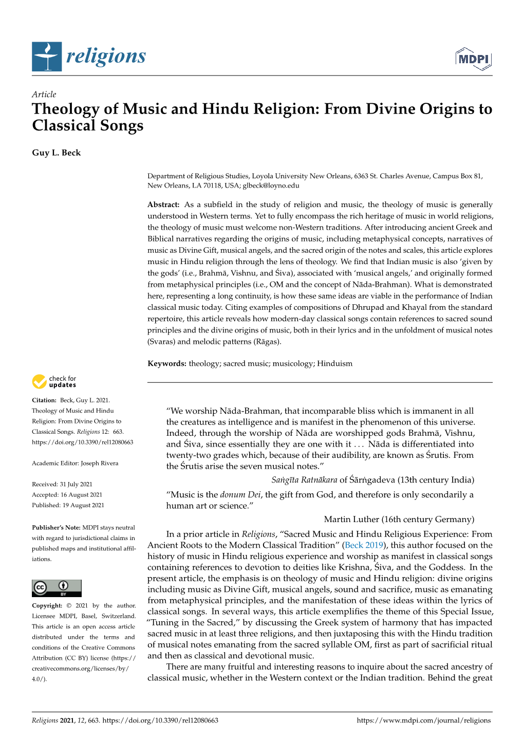 Theology of Music and Hindu Religion: from Divine Origins to Classical Songs