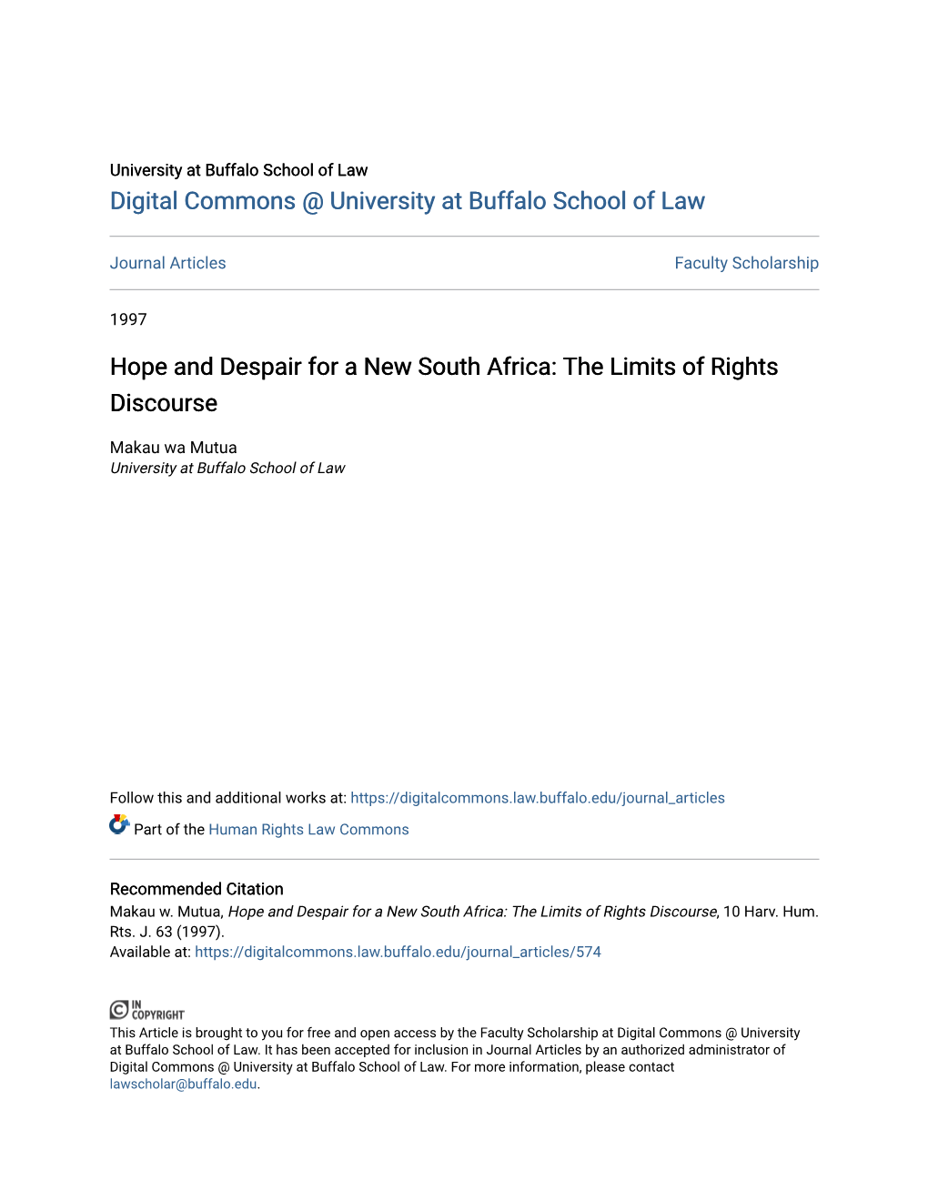 Hope and Despair for a New South Africa: the Limits of Rights Discourse