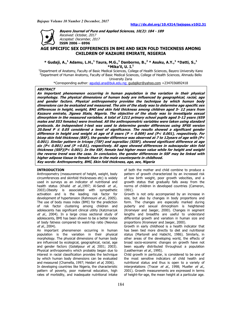 Age Specific Sex Differences in Bmi and Skin Fold Thickness Among Children of Kazaure Emirate, Nigeria