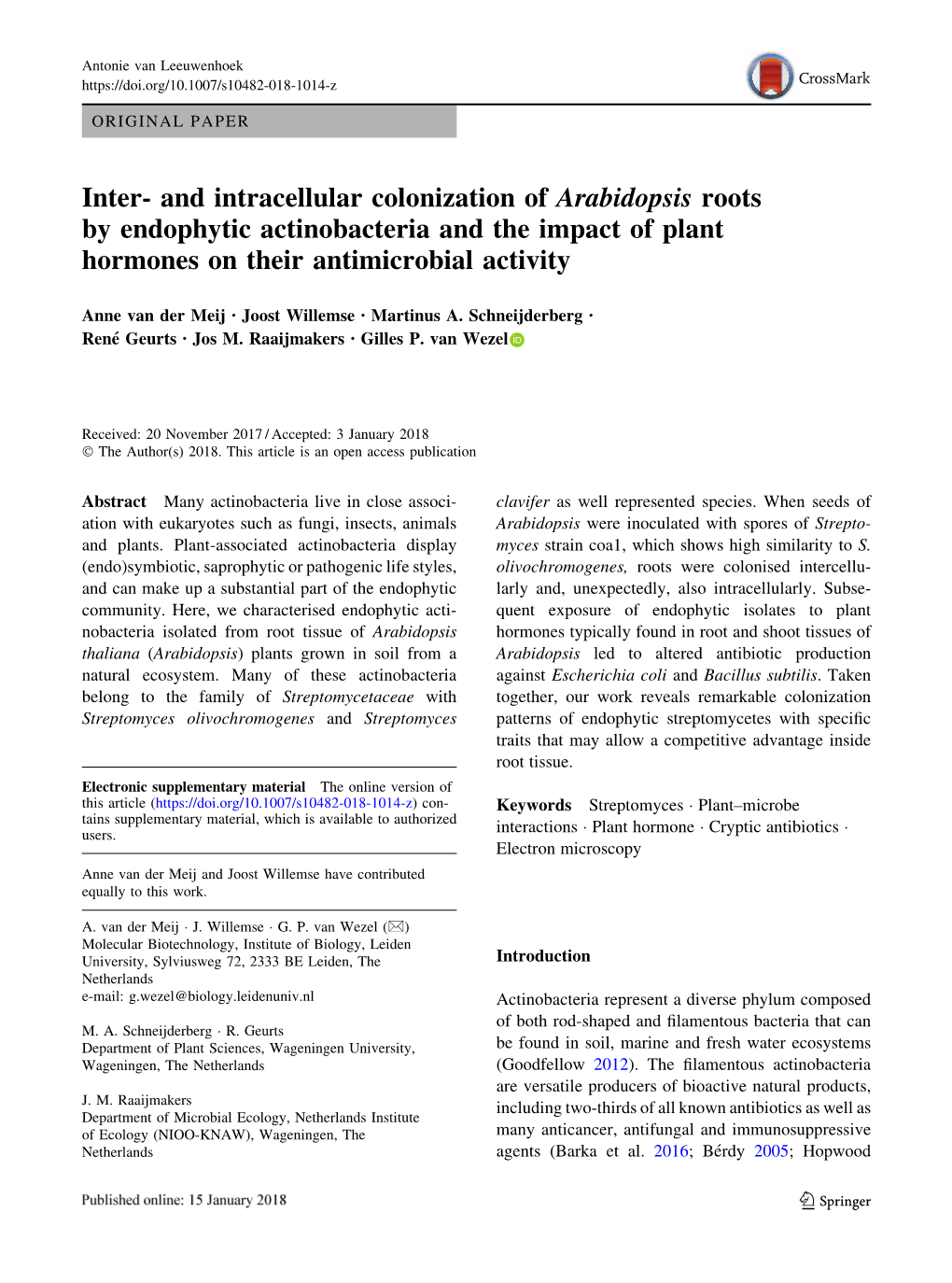 Inter- and Intracellular Colonization of Arabidopsis Roots by Endophytic Actinobacteria and the Impact of Plant Hormones on Their Antimicrobial Activity