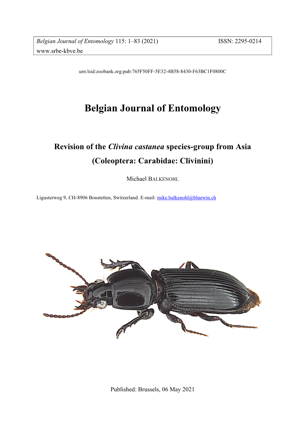 Belgian Journal of Entomology Revision of the Clivina Castanea