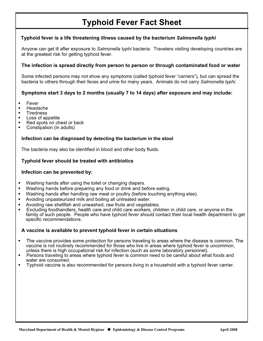 Typhoid Fever Fact Sheet