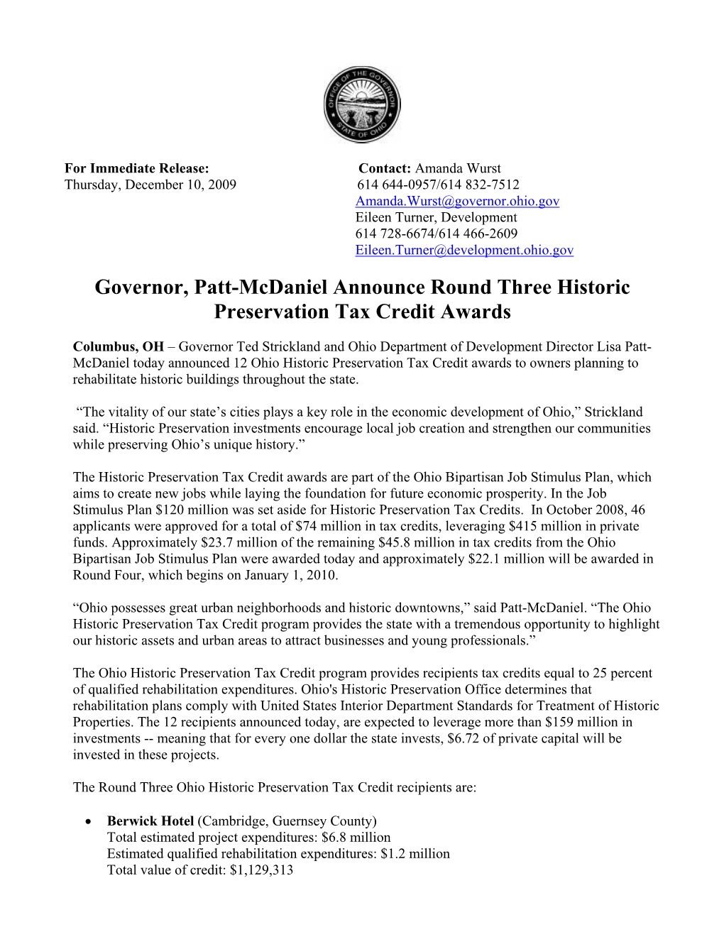 Governor, Patt-Mcdaniel Announce Round Three Historic Preservation Tax Credit Awards