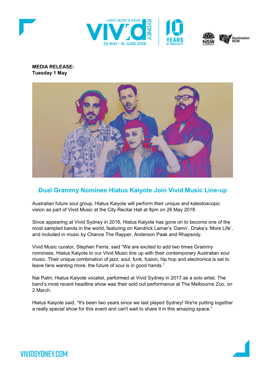 Dual Grammy Nominee Hiatus Kaiyote Join Vivid Music Line-Up